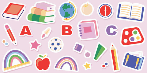Collection of colorful school supplies and educational elements on a light pink background