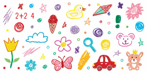 Collection of colorful hand drawn children s drawings featuring toys animals and everyday objects on a white background