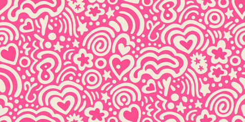 Whimsical pink and cream hand drawn doodle pattern with hearts stars and swirls