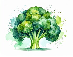 Watercolor Painting of a Broccoli Vegetable with Artistic Splashes on White Background
