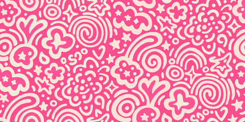 Whimsical hand drawn abstract pattern with pink and cream swirls stars and flowers