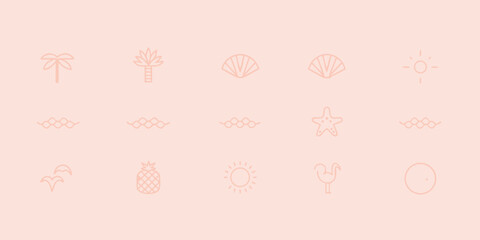Collection of minimalist line art icons representing summer beach vacation elements on a soft pink background