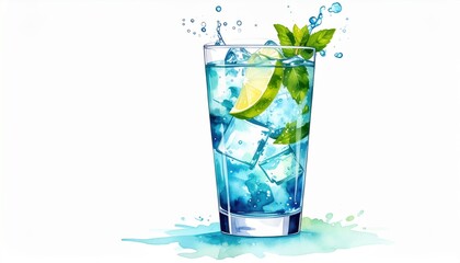 Refreshing blue sparkling drink with ice, lime, and mint in watercolor style