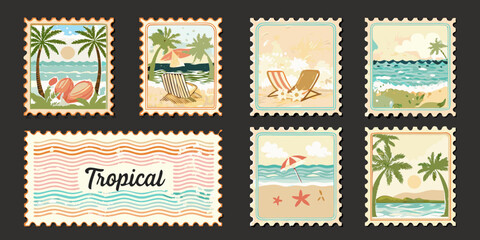 Collection of vintage tropical beach scene postage stamps with palm trees and ocean views