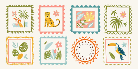 Collection of colorful playful and stylized postage stamp designs featuring jungle animals and tropical flora © Ramanath