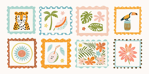 Collection of charming hand drawn tropical themed postage stamps featuring animals fruits and flowers