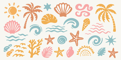Collection of hand drawn beach and summer elements with pastel colors including sun palm trees seashells starfish waves ice cream and coral