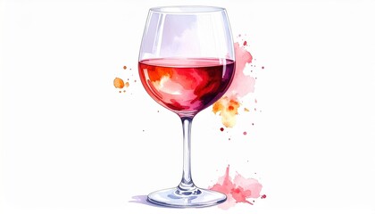 Watercolor painting of a wine glass filled with red wine, artistic illustration