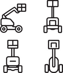 Line drawing of boom lift icons set side, front, back, and top views vector art illustration