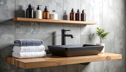 Modern sink setup against a concrete wall, with matte black fixtures
