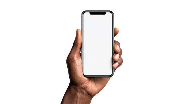 Close-up of a hand holding a smartphone with a blank screen.  Dark-skinned hand holds a modern, rectangular cell phone.  The screen is a plain white, displaying no content. 