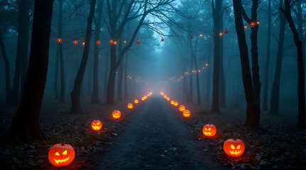 Eerie Halloween Night Forest with Glowing Pumpkins Guiding the Path Ahead