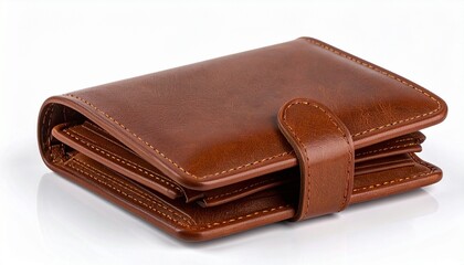 Closed brown leather wallet with strap&mdash;visible stitching, folded compartments, high-quality craftsmanship, functional and stylish personal accessory.