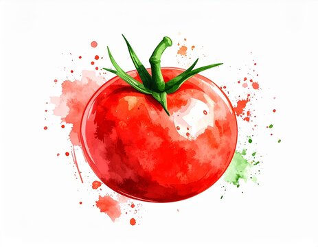 Tomato illustration in flowing watercolor, ink wash technique on white backdrop, abstract, whimsical, isolated