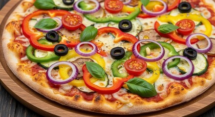 Delicious vegetarian pizza topped with fresh bell peppers, red onions, cherry tomatoes, black olives, zucchini, and basil leaves on a crispy crust, ready to be enjoyed.