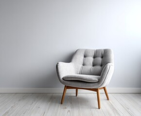 A light gray armchair rests against a pale gray wall, situated on a light wood floor.