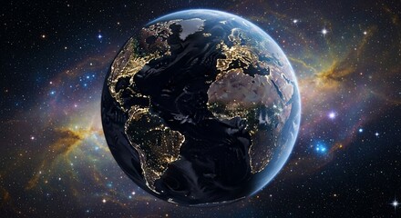 Obraz premium Earth from space, with visible city lights illuminating the night side, set against a backdrop of stars and nebulae.