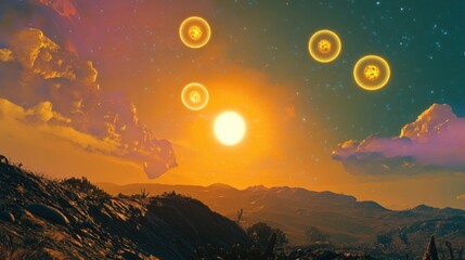 Surreal alien landscape with glowing orbs floating above desert mountains at sunset