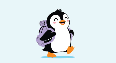 Joyful penguin adventurer with backpack happily exploring the world on a bright day.