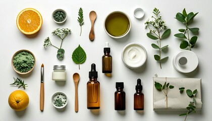 Flat lay of eco-themed items—succulent plants, gifts wrapped in kraft and plaid paper, botanical clipboard, towel, candle, notebook, paintbrushes, greenery on white surface.