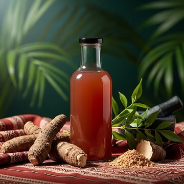 A bottle of reddish-brown liquid, likely a tincture from Ipecac root, is surrounded by thick chunks of the plant and a mortar and pestle. The scene is set on a patterned cloth with tropical leaves in 