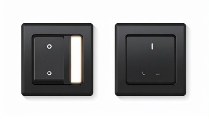 Black toggle and rotary dimmer switches on square plates&mdash;white position lines, mounted with screws, industrial and residential electrical interface.