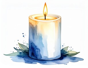 Watercolor rendition of a burning prayer candle with abstract botanical details