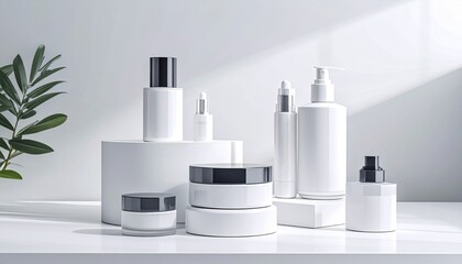 Minimalist skincare containers—white pump bottles, jars, and sprays with black or metallic caps, arranged on white surface with soft lighting and green plant accent.
