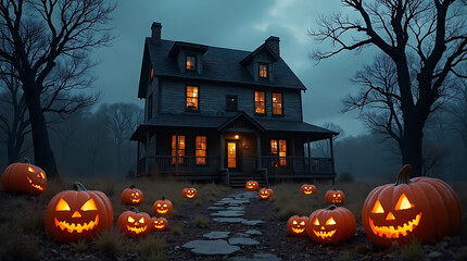 Fototapeta premium Spooky Halloween Night: A Haunted House Aglow with Jack-o'-Lanterns