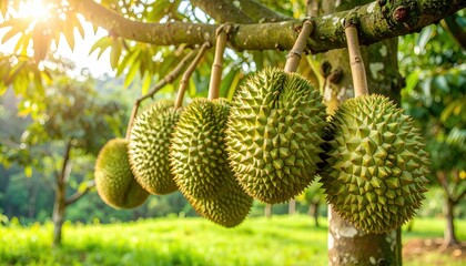 Close-up of ripe durians on a tree in a sunlit orchard, showcasing tropical fruit in a natural setting.