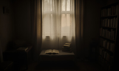 Cozy Reading Nook with Books and Natural Light