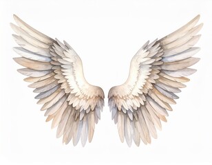 Obraz premium Watercolor angel wings in ivory against a white background with copy space