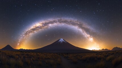 Majestic milky way arches over a snow capped mountain at night under a starry sky