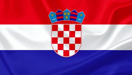 Croatian flag—horizontal red, white, blue stripes with central coat of arms featuring red-white checkerboard and five regional shields.