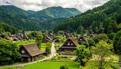 Obraz premium ** Picturesque view of a traditional Japanese village with thatched roof houses nestled among lush green mountains and forests. **
