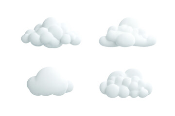 Obraz premium Four white fluffy 3D clouds on transparent background, PNG