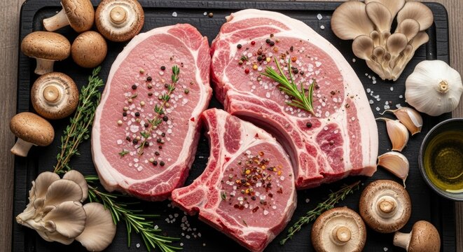 Raw pork chops seasoned with salt, pepper, and fresh herbs, surrounded by gourmet mushrooms and garlic on a dark board, ready for a delicious meal.