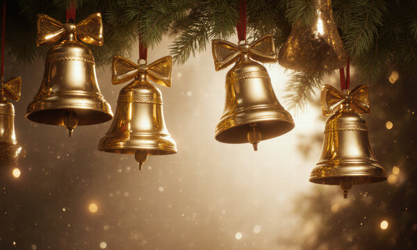 Golden Festive Bells Hanging on Pine Branches with Sparkling Lights