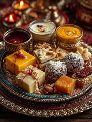 Authentic Indian Teej Festival Bhai Dooj Pooja Thali with Sweets and Decorative Rakhi Premium Cultural Content for Family Marketing and Social Media Campaigns
