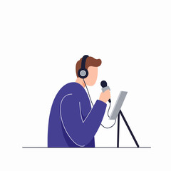 Man with headphones speaking into a microphone, with a tablet, representing podcasting or online broadcasting. Flat illustration style.