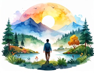 Watercolor wilderness vista with a contemplative figure enjoying serene nature