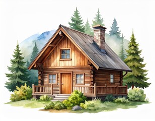 Watercolor Illustration of a Cozy Rustic Cabin Surrounded by Pine Trees