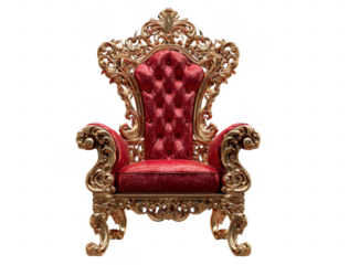 Luxurious vintage throne chair with red velvet upholstery and intricate golden carvings