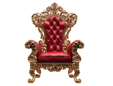 Luxurious vintage throne chair with red velvet upholstery and intricate golden carvings