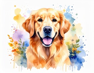 Charming Watercolor Golden Retriever Portrait with Floral Accents and Ink Splatters