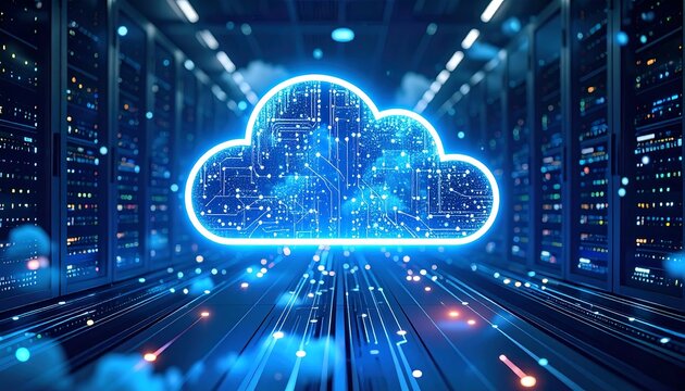 Futuristic cloud computing concept in a server room.  Abstract digital art