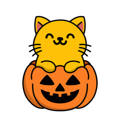 Illustration of a cute cat inside a Halloween-themed pumpkin, use it as an icon, sticker or logo.