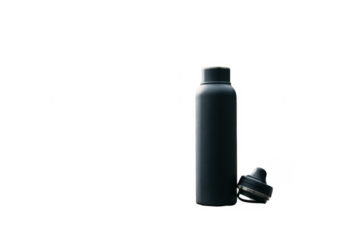 Matte black reusable water bottle with a detachable lid isolated on a white background