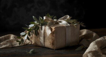 A beautifully wrapped gift box with greenery and ribbon, perfect for holiday or celebration themes