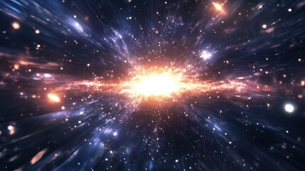 Fototapeta premium Abstract cosmic explosion with glowing light and stars in deep space background view
